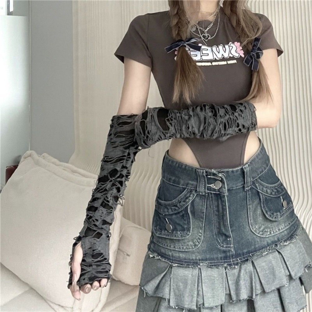 Fingerless Glove Knit - Lange punkhandschoenen Distressed Style Donkere stijl